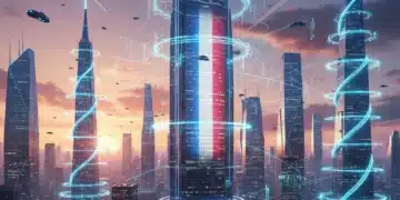 Paysage urbain futuriste avec des tours 5G illuminées, symbolisant la connectivité ultra-rapide en France en 2026.