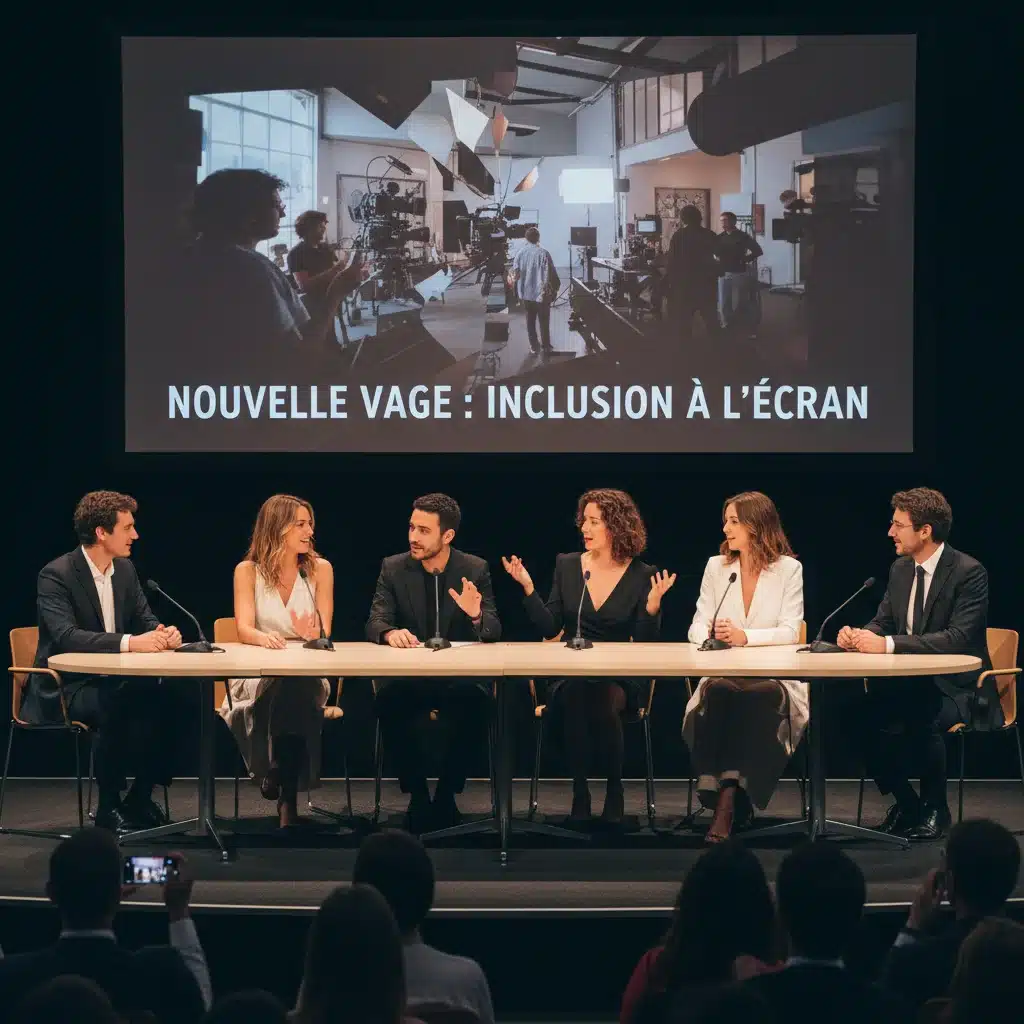 Jeunes acteurs et actrices français diversifiés discutant de l'inclusion dans le cinéma lors d'un panel.