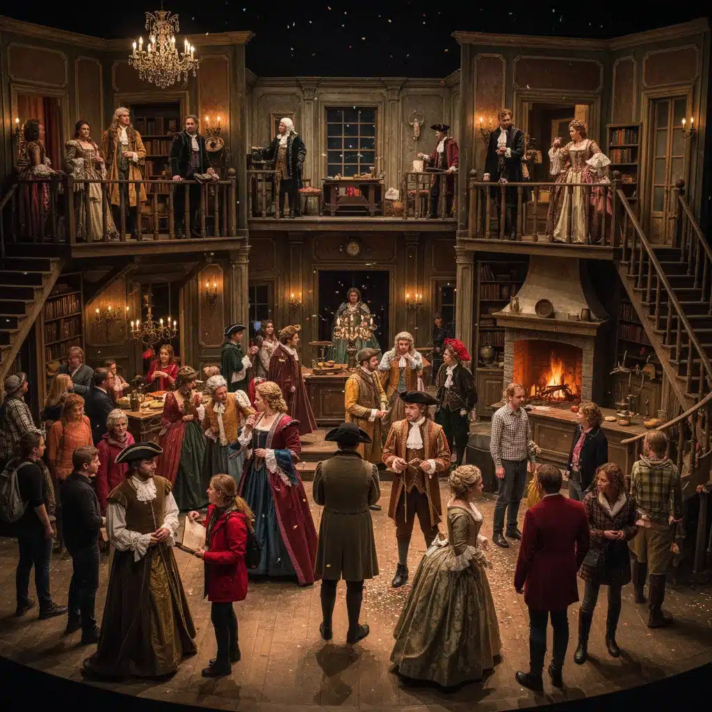 Acteurs et public interagissant dans un décor historique pour une pièce immersive.
