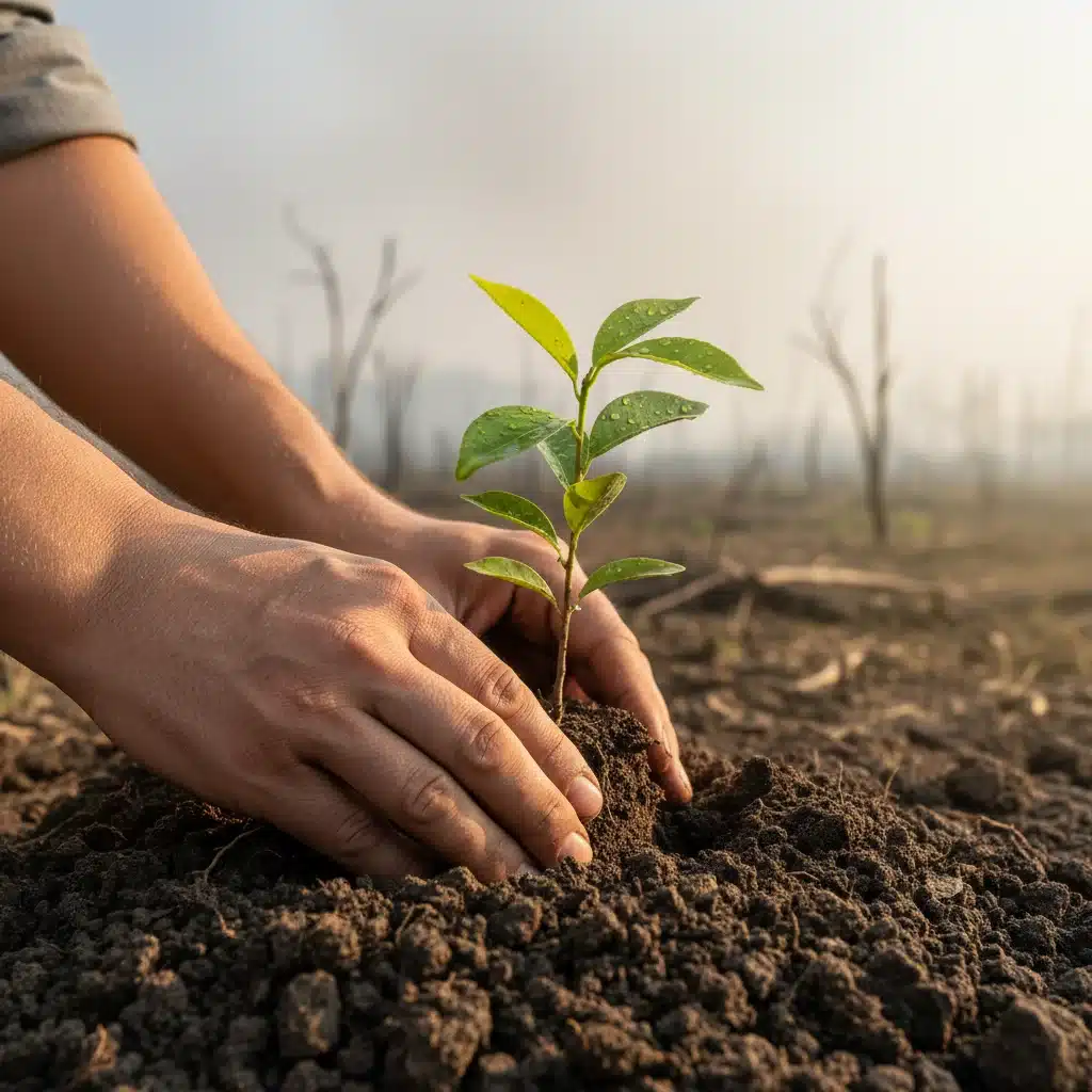 Mains d'un activiste plantant un jeune arbre dans un sol fertile, paysage dévasté en arrière-plan