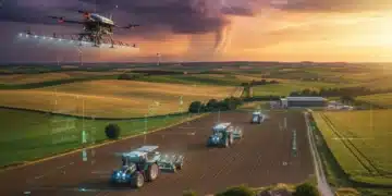 Paysage agricole français avec technologies innovantes face au climat