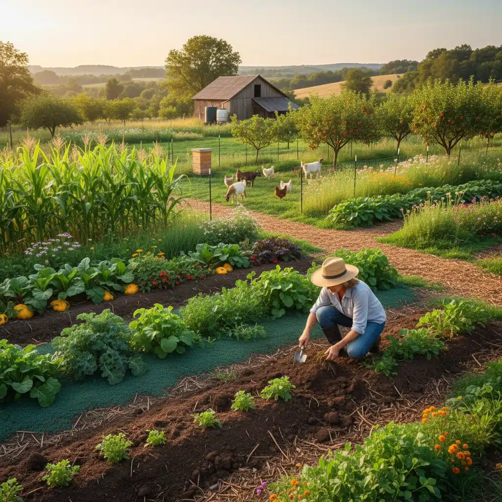 Exploitation agricole agroécologique avec biodiversité et sols sains
