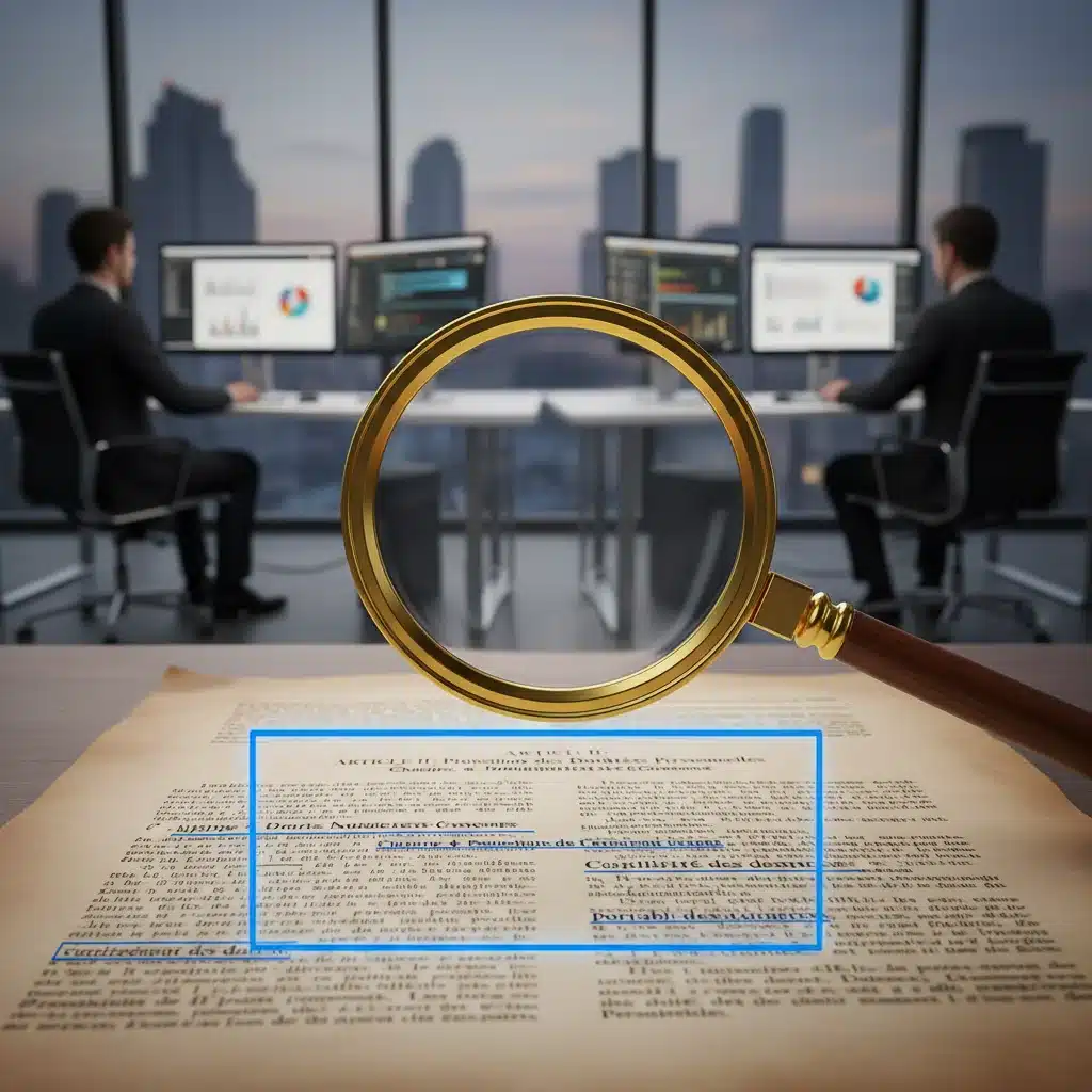 Loupe sur un document juridique français, soulignant les clauses de confidentialité des données et les droits numériques.