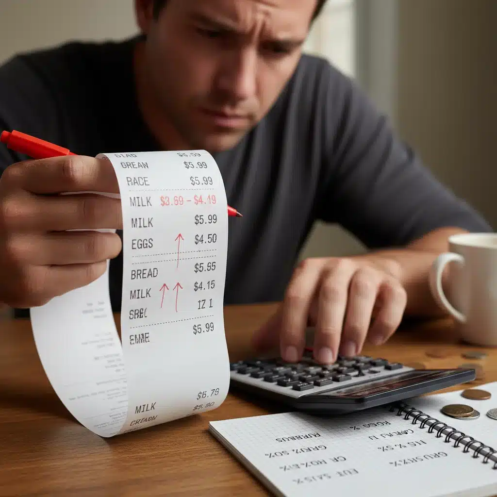 Personne analysant un ticket de caisse détaillé, symbolisant la gestion du budget face à la hausse des prix alimentaires.