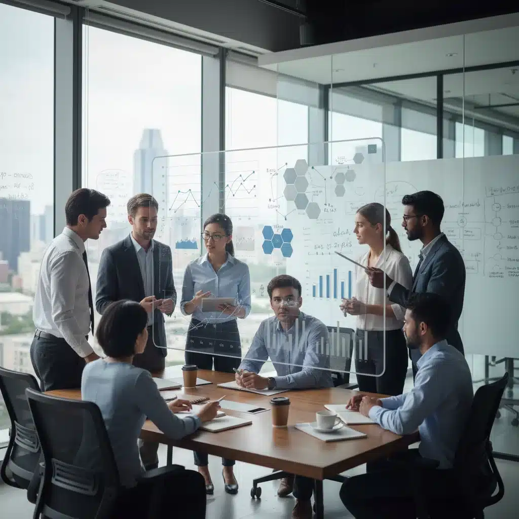 Équipe d'experts analysant des visualisations de données complexes sur un grand écran interactif