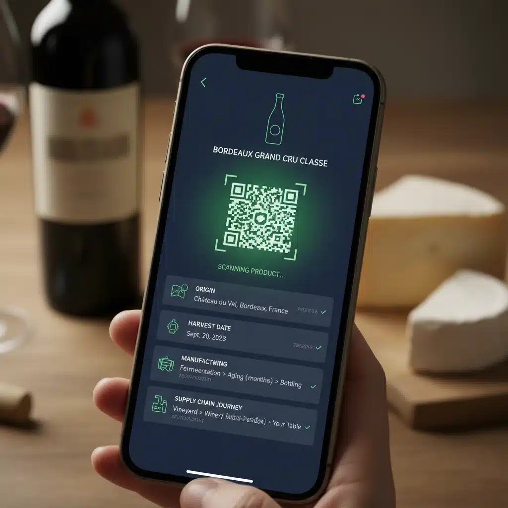 Application mobile de traçabilité alimentaire via blockchain, affichant les détails d'un produit après scan QR.