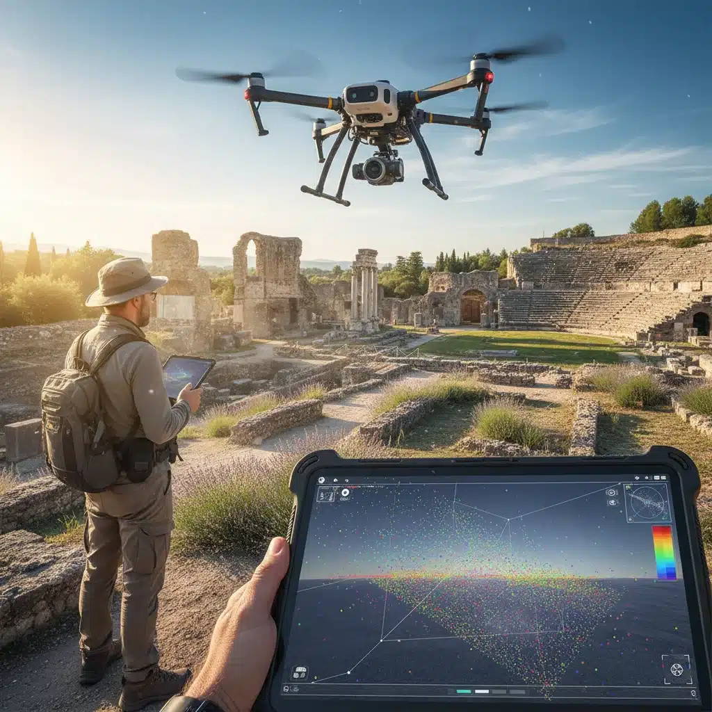 Archéologue utilisant un drone LiDAR pour numériser un site romain en Provence