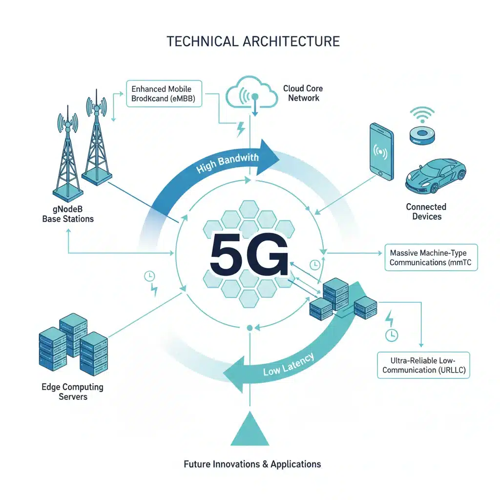 Infographie détaillée de l'architecture réseau 5G, illustrant ses composants clés et ses capacités techniques.