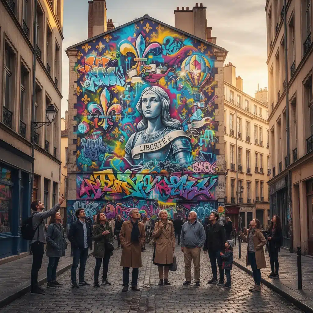Fresque murale colorée dans une ville française, mélangeant art urbain et motifs traditionnels.