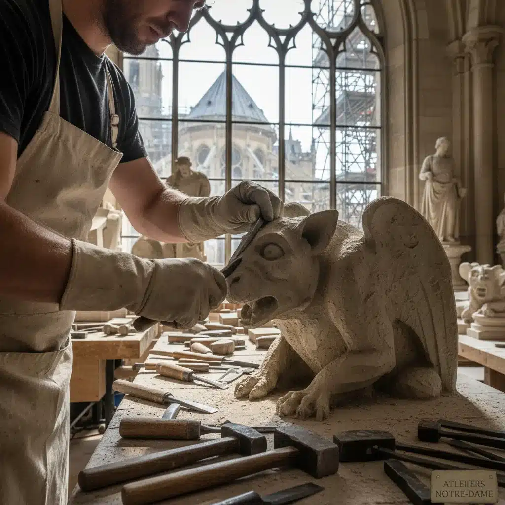 Artisan sculptant une gargouille pour la restauration de Notre-Dame, détail du savoir-faire
