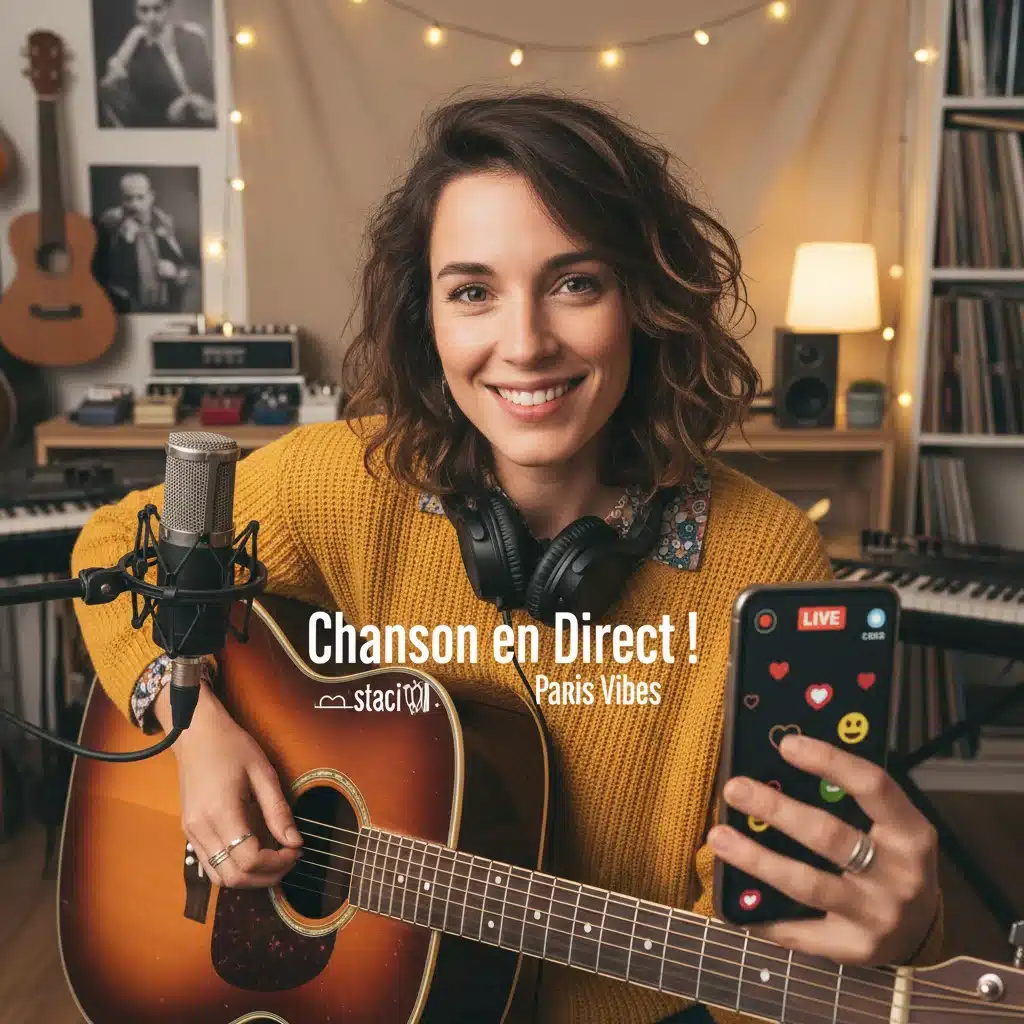 Une jeune artiste française interagissant avec son public via un smartphone, symbolisant la création de contenu viral et l'engagement direct sur les réseaux sociaux.