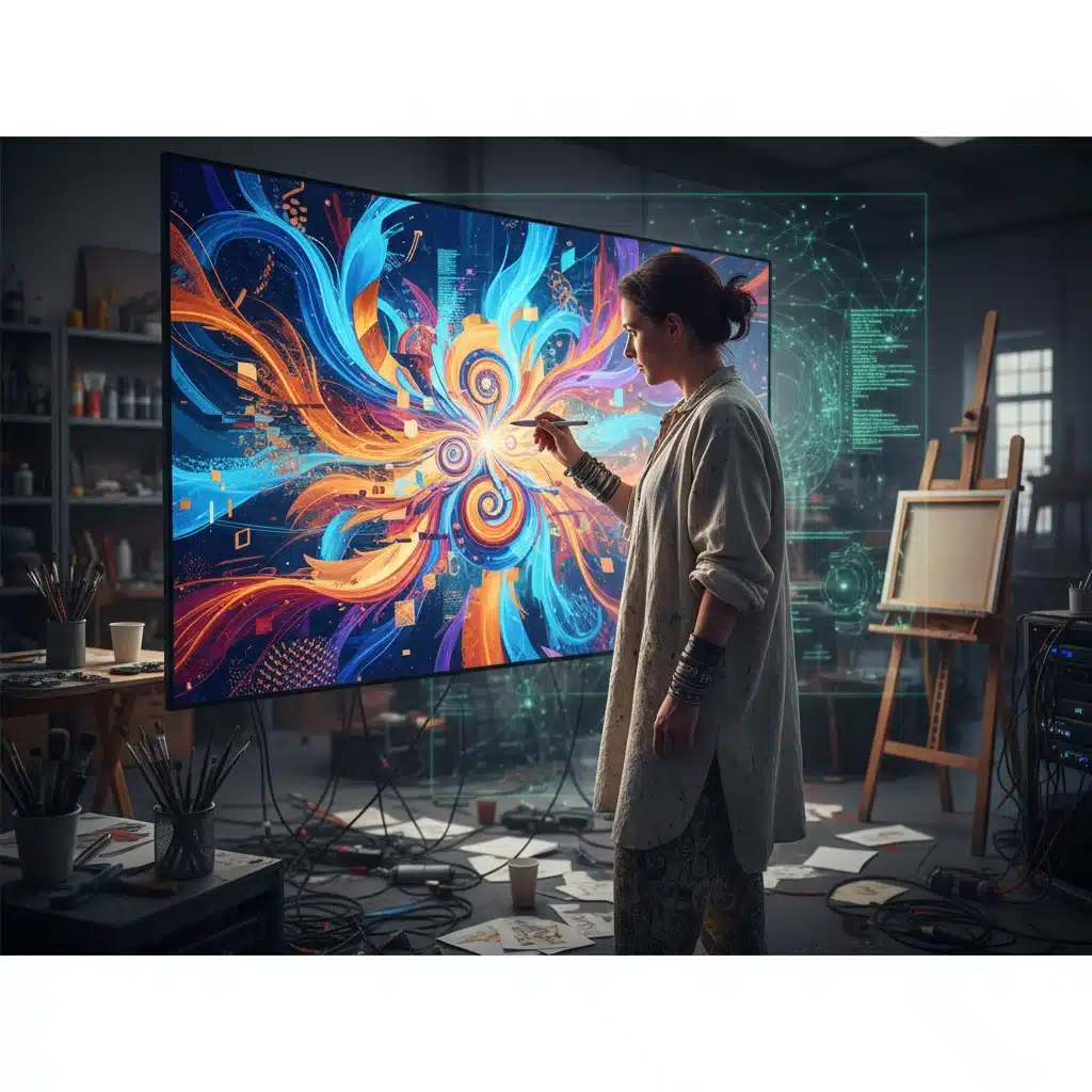 Artiste français collaborant avec une IA pour créer une œuvre numérique.