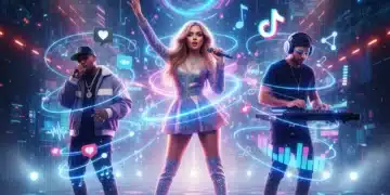 Trois artistes français émergents célébrant leur succès grâce aux réseaux sociaux en 2026, avec des icônes de plateformes digitales en arrière-plan.