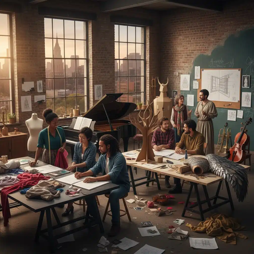 Atelier de création d'opéra avec jeunes artistes discutant de costumes et décors, symbolisant le renouveau.