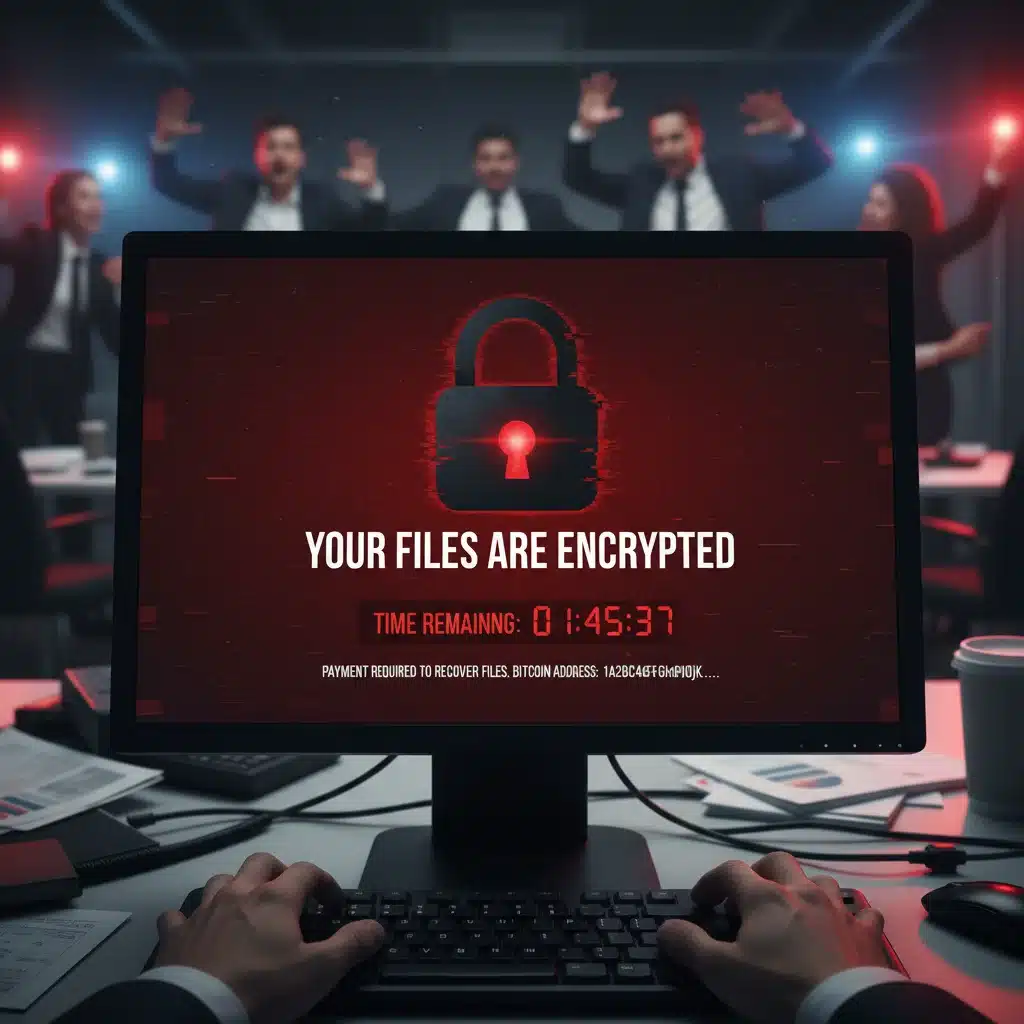 Écran d'ordinateur affichant un message de rançongiciel, symbolisant une attaque cybernétique.