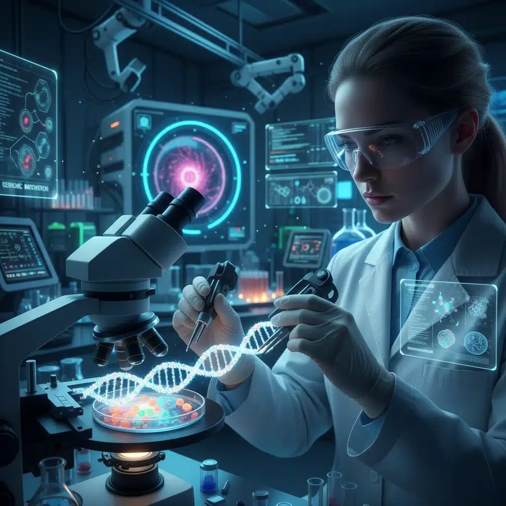 Chercheuse en laboratoire de biotechnologie, manipulant des échantillons génétiques pour des avancées médicales.