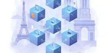 Illustration de la blockchain pour la traçabilité en France, avec des icônes de produits et des symboles français.