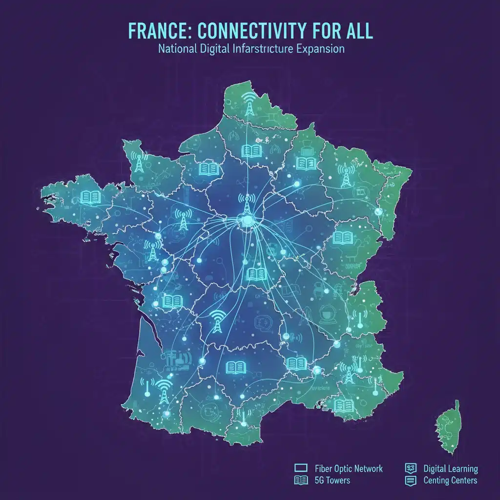 Carte de France stylisée montrant l'infrastructure numérique étendue et les points d'accès