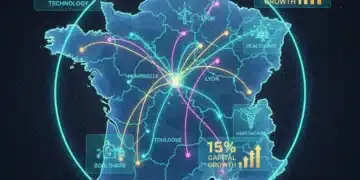 Carte stylisée de la France avec des flux d'investissement lumineux et des secteurs clés en croissance d'ici 2026.