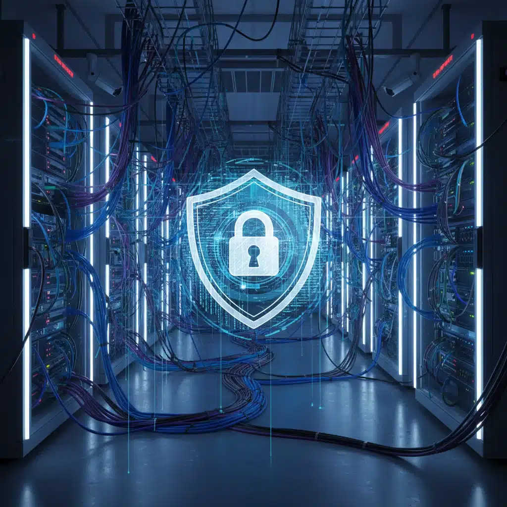 Centre de données sécurisé avec des lumières bleues, symbolisant la cybersécurité et la protection des données.