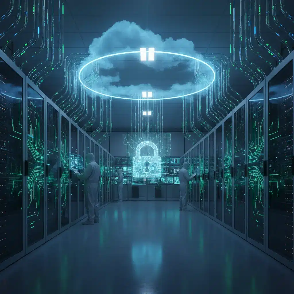 Centre de données sécurisé avec des serveurs lumineux et des symboles de cybersécurité