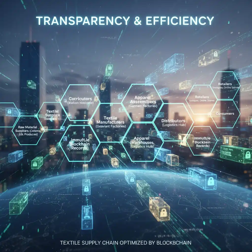 Schéma d'une chaîne d'approvisionnement textile sécurisée et transparente grâce à la technologie blockchain.