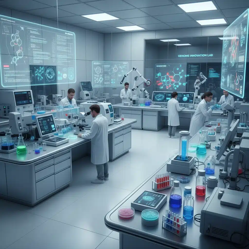 Chercheurs en biotechnologie travaillant sur des innovations médicales, illustrant l'investissement dans la santé.