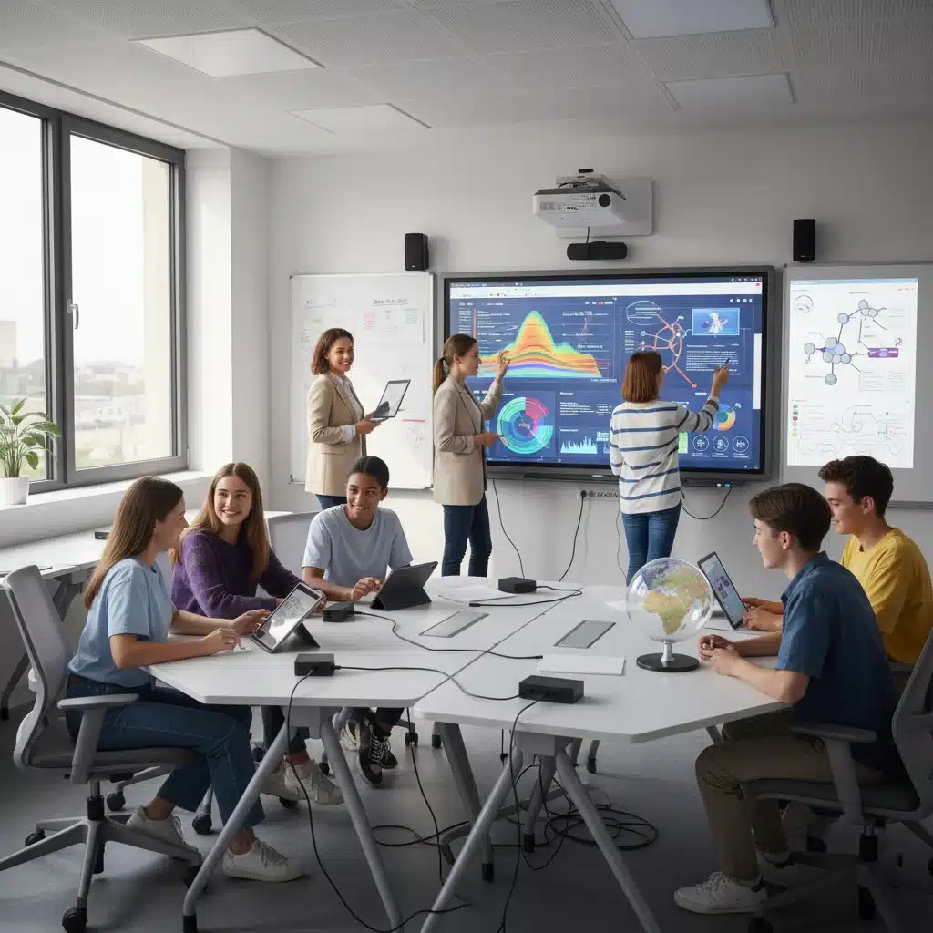 Une salle de classe moderne avec tableau interactif et étudiants engagés dans l'apprentissage collaboratif