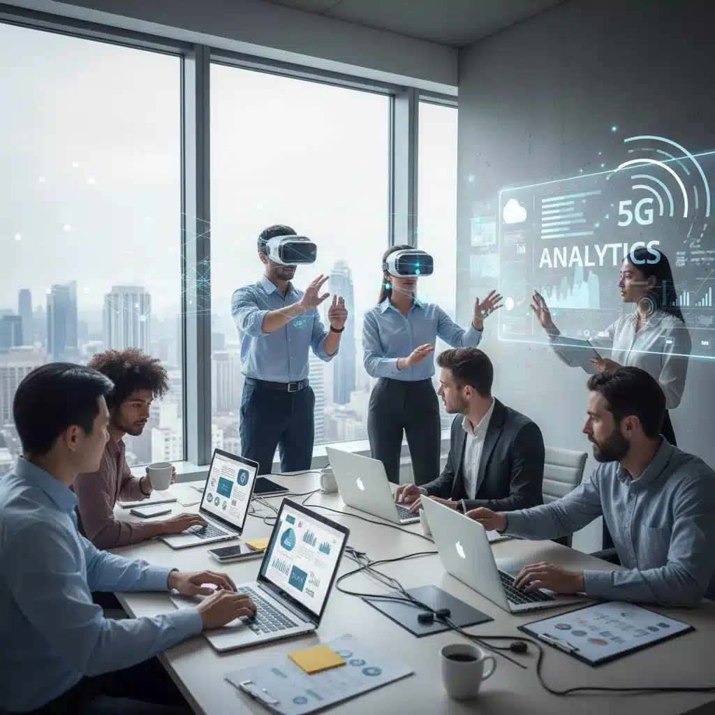 Professionnels collaborant dans un bureau moderne, utilisant des technologies 5G pour la réalité augmentée et l'analyse de données en temps réel.