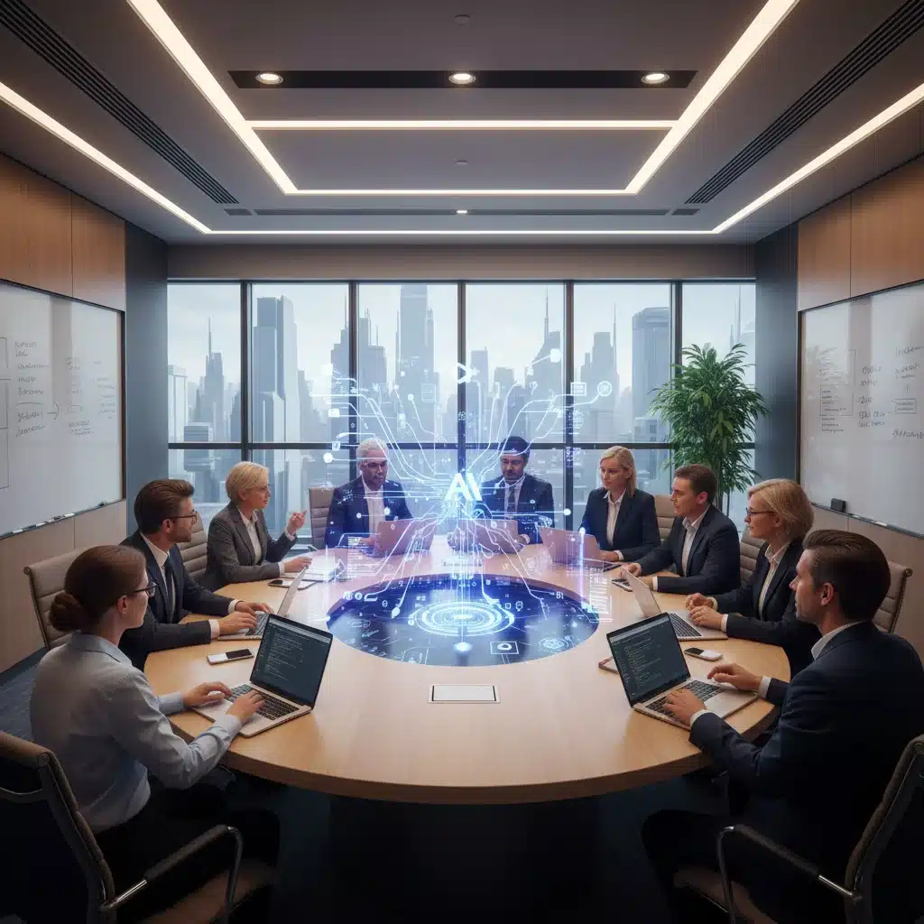 Professionnels divers discutant de l'éthique de l'IA autour d'un affichage holographique, symbolisant la collaboration interdisciplinaire.