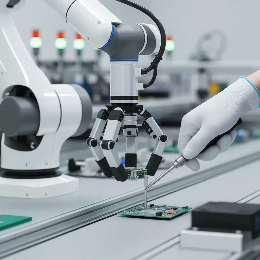 Main humaine et bras de robot collaboratif assemblant une pièce sur une ligne de production