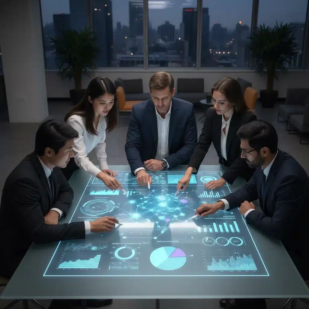 Professionnels collaborant autour d'un écran transparent affichant des données d'IA et d'analyse, illustrant l'intégration technologique.