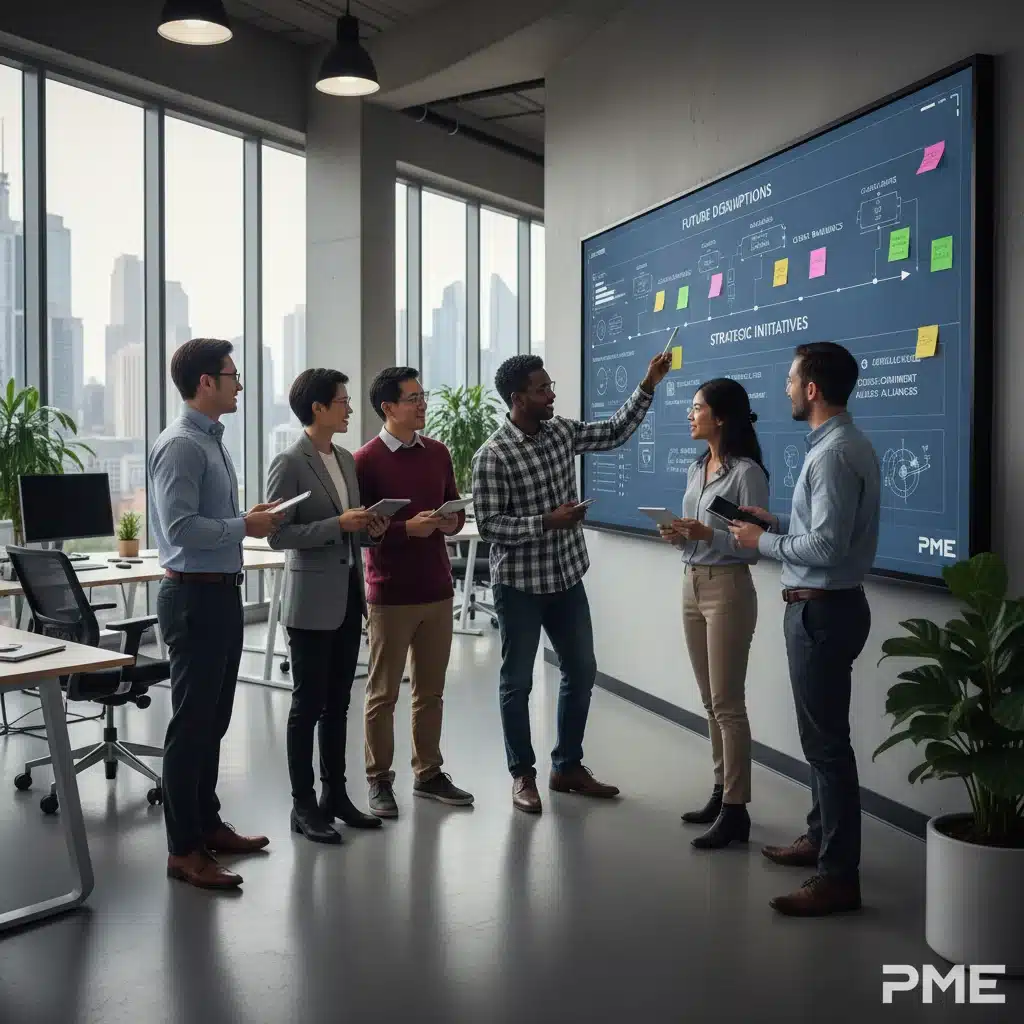 Équipe de PME collaborant sur une stratégie d'innovation et d'adaptation face aux incertitudes.