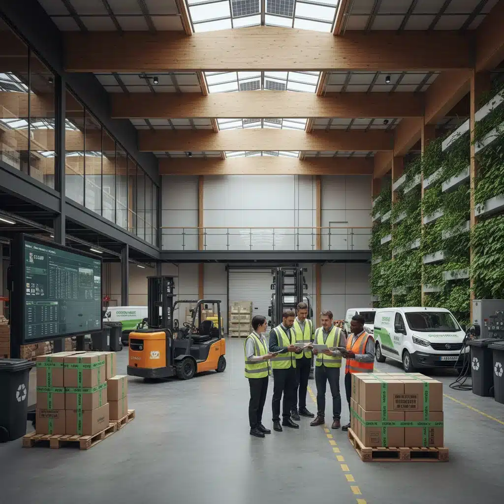 Équipe de professionnels collaborant dans un entrepôt moderne, mettant en œuvre des pratiques logistiques durables.