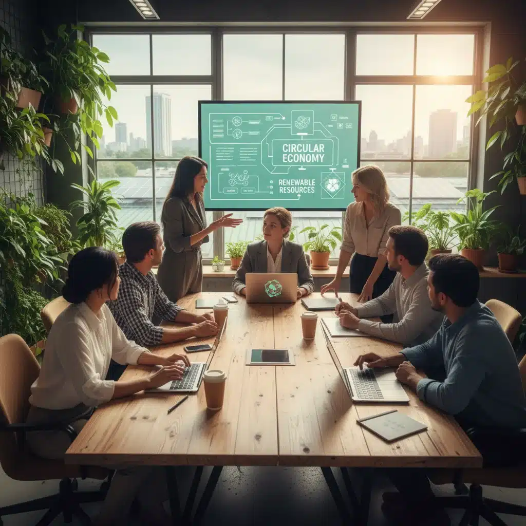 Équipe d'entreprise française collaborant sur des stratégies de développement durable et d'économie circulaire.