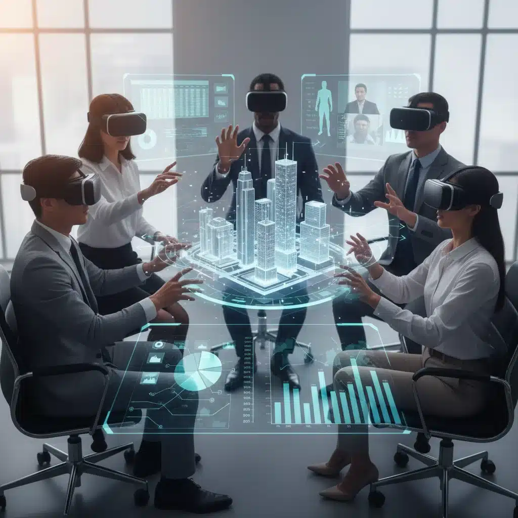 Professionnels collaborant dans un environnement de réunion virtuel du métavers, explorant des modèles 3D.
