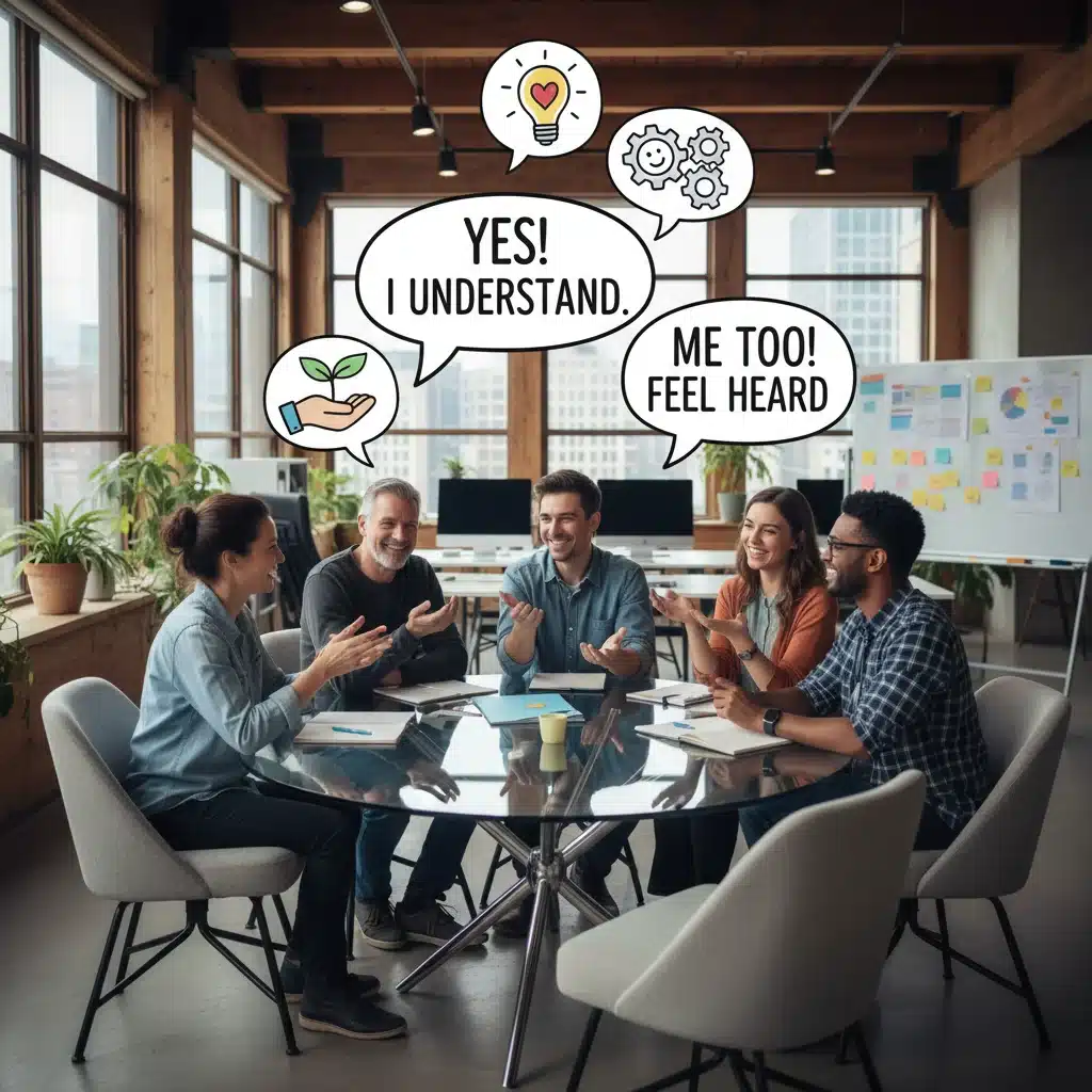 Groupe de personnes communiquant avec empathie dans un environnement professionnel moderne.