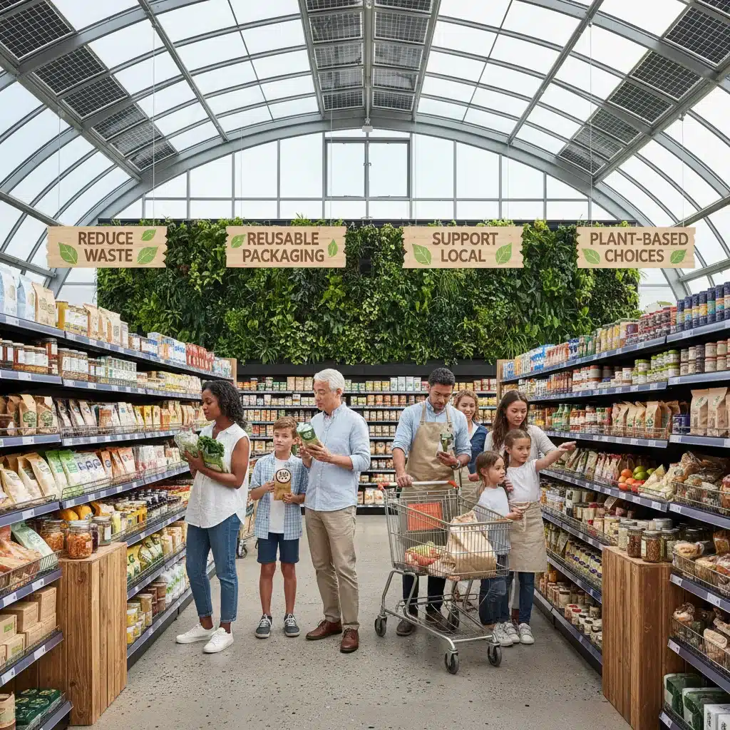 Consommateurs éclairés lisant des étiquettes de produits durables en supermarché.