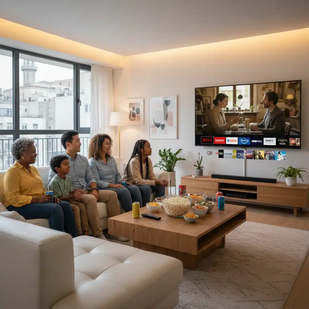 Famille regardant un film français sur une plateforme de streaming à la maison, illustrant la consommation numérique.
