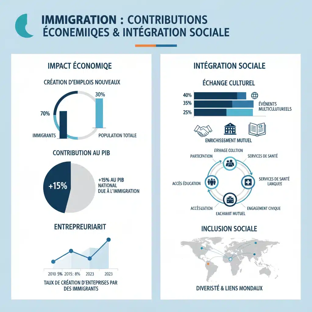 Infographie détaillant les contributions économiques et l'intégration sociale des immigrés en France.
