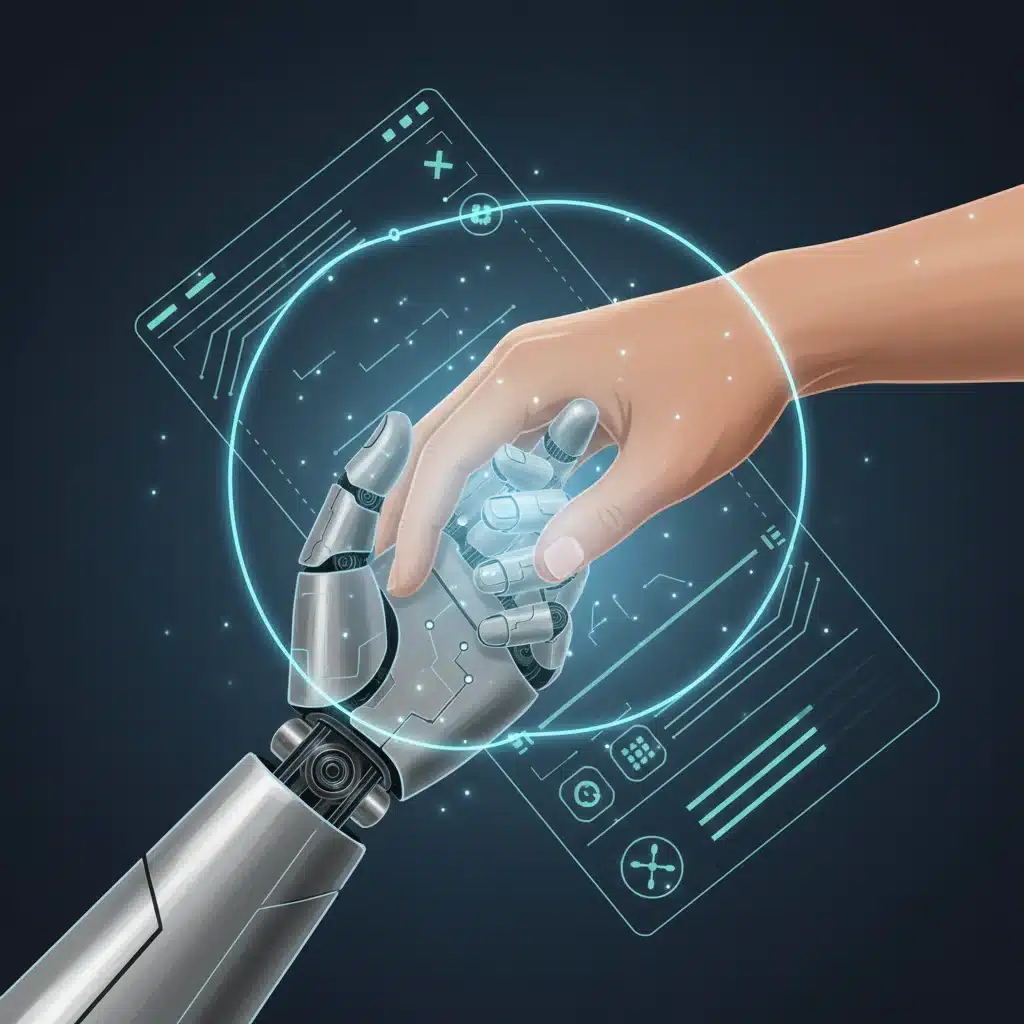 Main humaine et main robotique se touchant, symbolisant la confiance et le contrôle humain sur l'IA.
