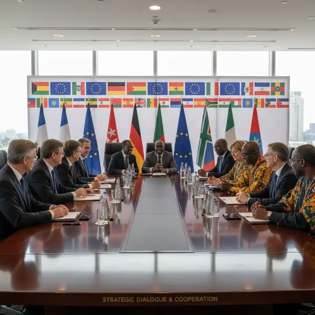Diplomates européens et africains lors d'une conférence, illustrant la coopération multilatérale.