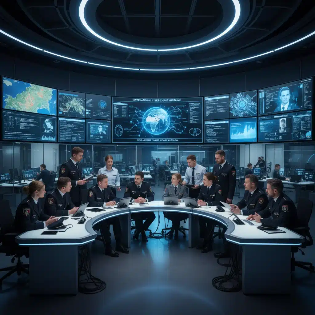 Officiers de police européens collaborant dans un centre de contrôle moderne, illustrant la coopération internationale contre la cybercriminalité.