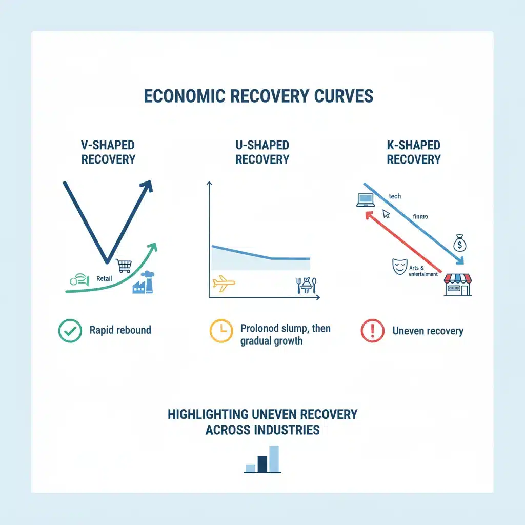 Infographie des courbes de reprise économique (V, U, K) et impact sectoriel en France.