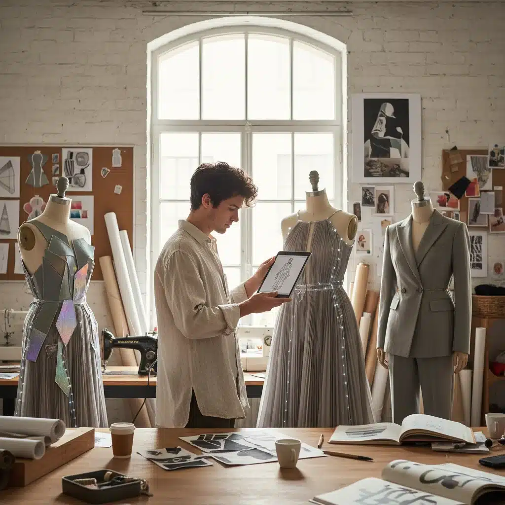 Jeune créateur de mode français innovant dans son atelier, entouré de croquis