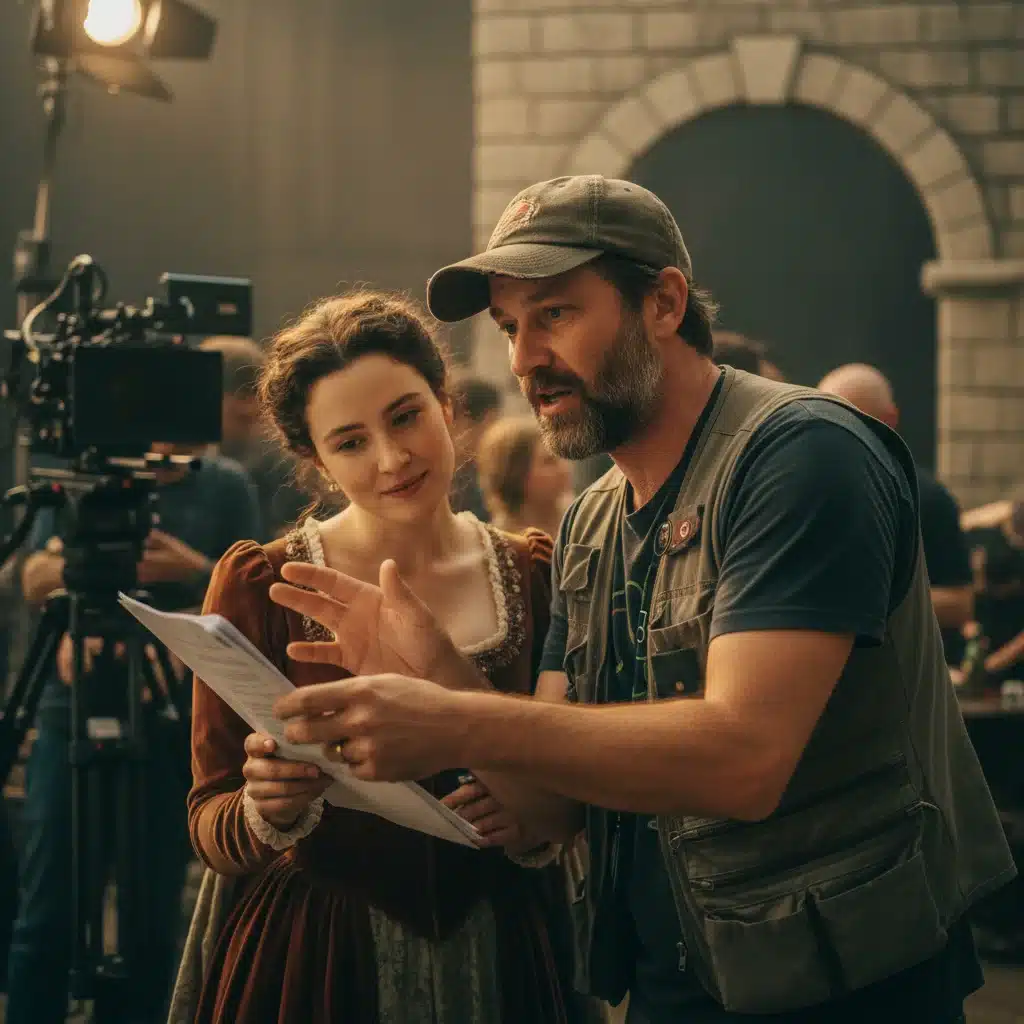 Réalisateur et actrice discutant passionnément d'une scène sur un plateau de tournage, symbolisant la création cinématographique.