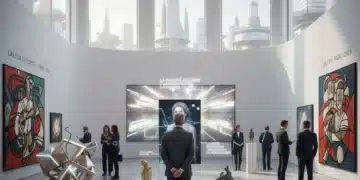 Une critique d'art observe une œuvre contemporaine dans une galerie moderne en France en 2026.