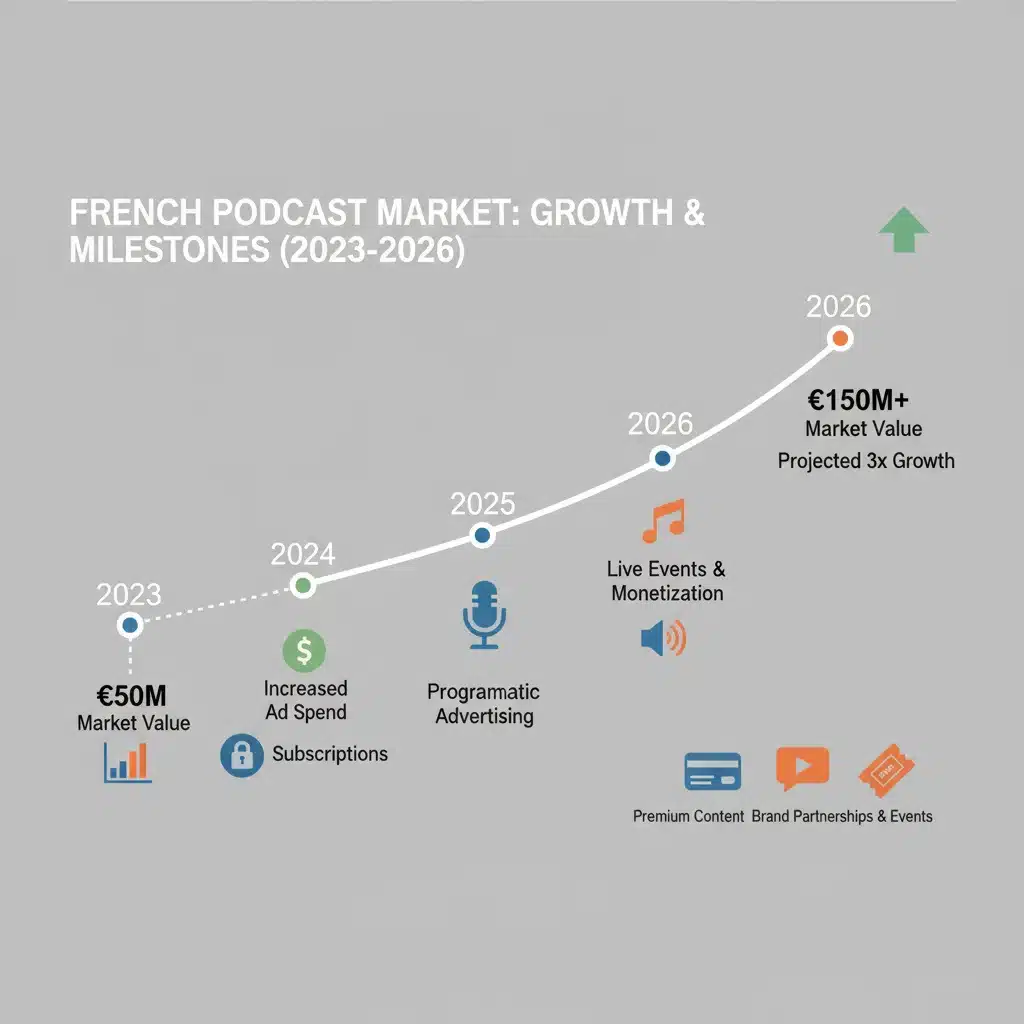 Graphique de croissance du marché des podcasts français avec stratégies de monétisation.