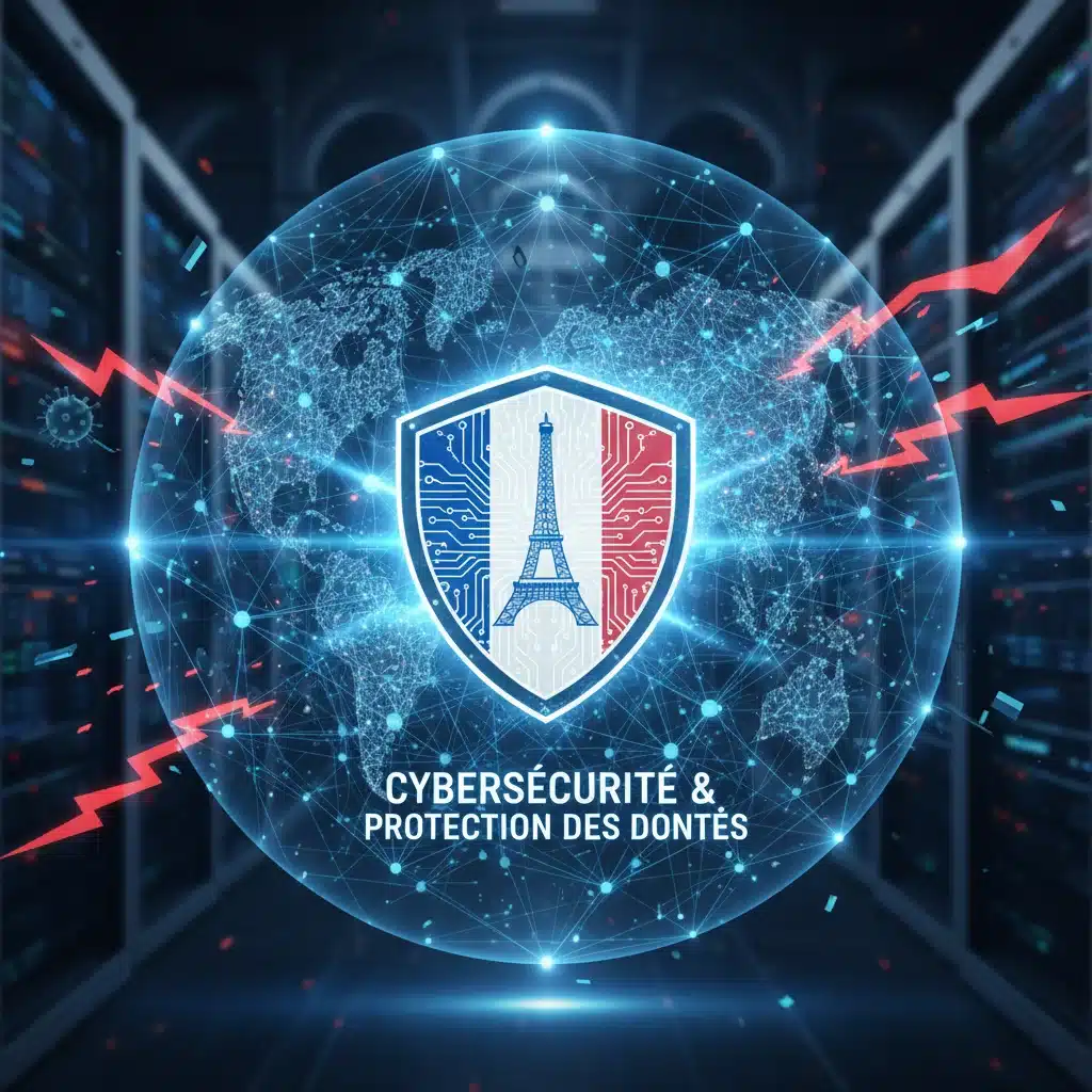 Réseau d'appareils interconnectés avec un bouclier, symbolisant la cybersécurité et la protection des données.
