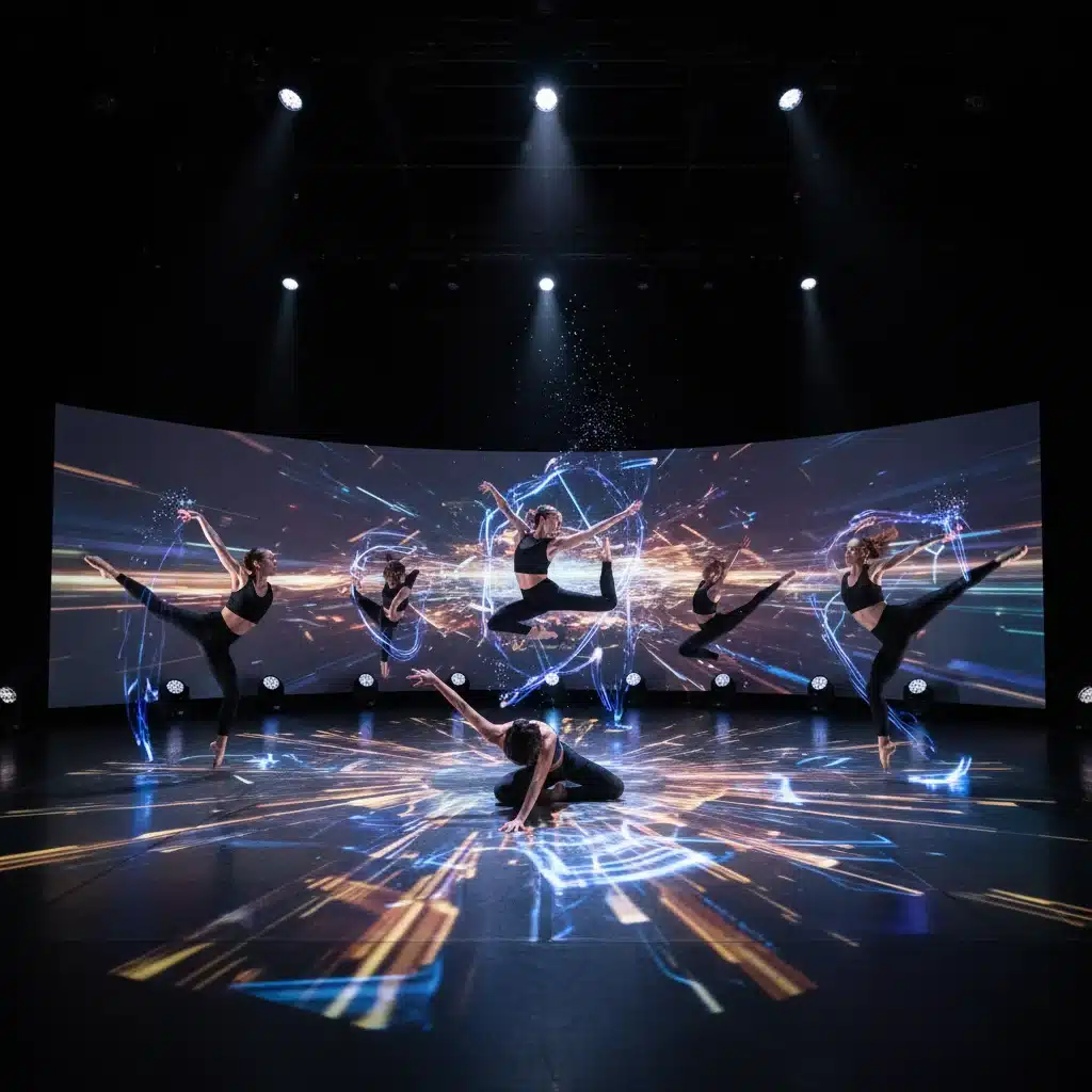 Danseurs interagissant avec des projections numériques réactives, illustrant l'intégration technologique dans la danse contemporaine.